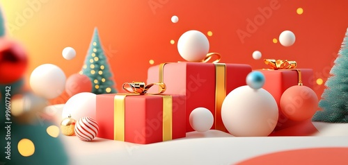 Festive holiday scene featuring colorful presents, ornaments, and Christmas trees set against a vibrant red background.