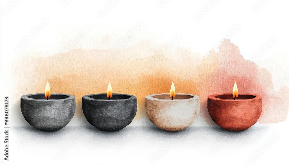 Colorful candles in clay bowls with flames, white isolated background. Colorful candles in clay bowls with flames, white isolated background.