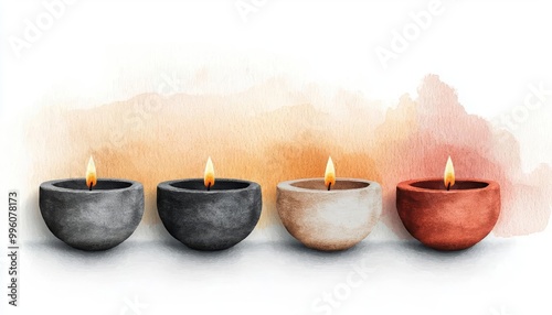 Colorful candles in clay bowls with flames, white isolated background.