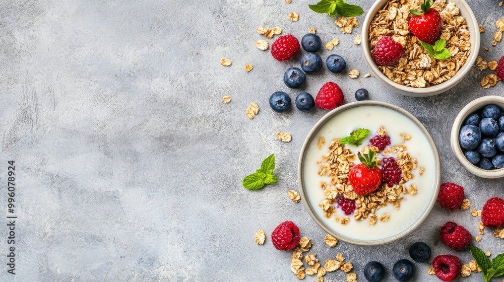 Homemade granola with milk, fresh berries, milk for breakfast. Copy space. Healthy breakfast concept. Banner wth generative ai Homemade granola with milk, fresh berries, milk for breakfast. Copy space. Healthy breakfast concept. Banner wth generative ai