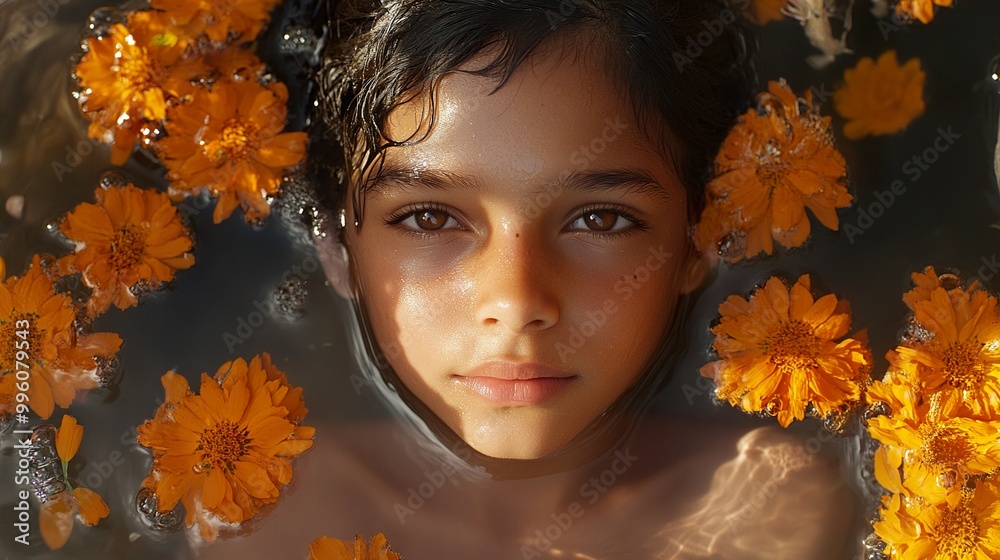 Young Girl Surrounded by Flowers in Water Young Girl Surrounded by Flowers in Water