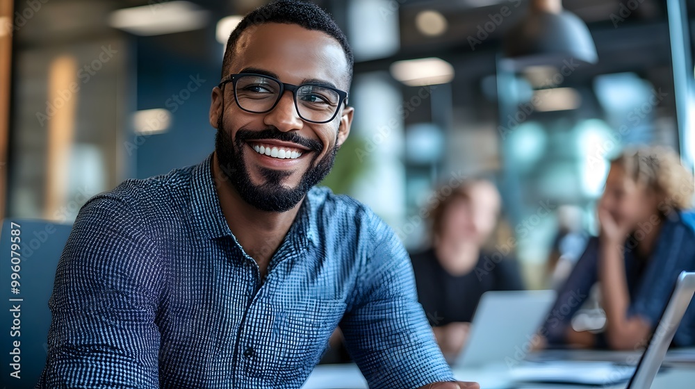 Fototapeta premium Smiling Man Wearing Glasses in Office Setting
