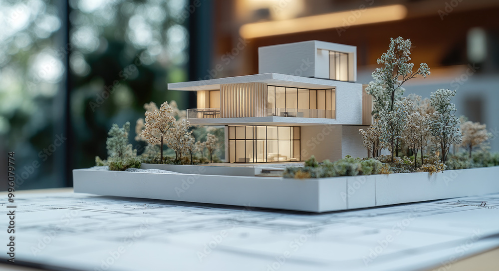 A close-up of an architectural model on top of blueprints, showcasing the design and structural details of a modern house with white walls and wooden accents A close-up of an architectural model on top of blueprints, showcasing the design and structural details of a modern house with white walls and wooden accents