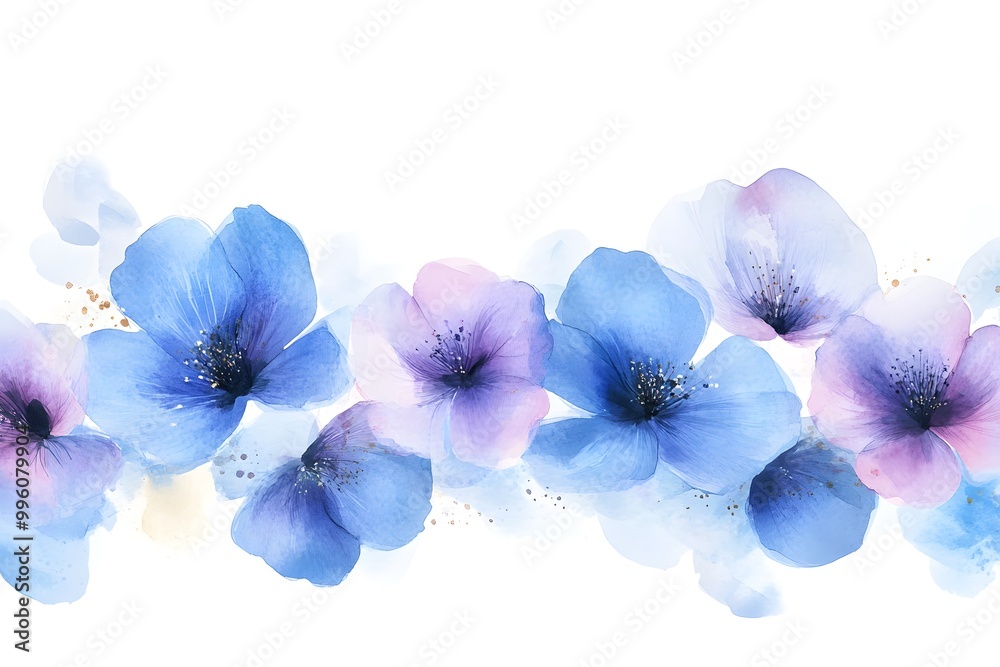 Obraz premium Abstract watercolor painting with blue and purple flowers on a background. 