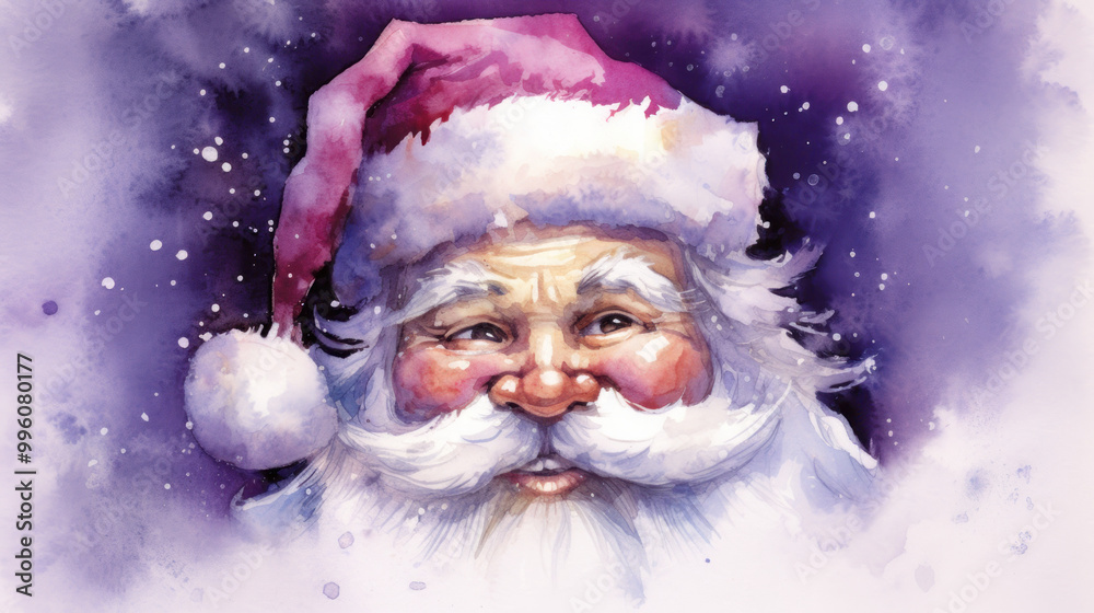 Watercolor of Santa Claus face on a vivid purple background Watercolor of Santa Claus face on a vivid purple background