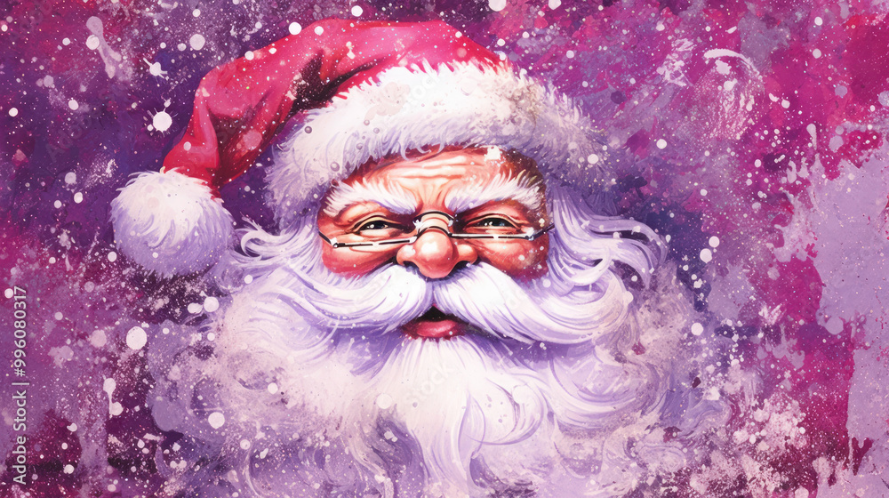 Watercolor of Santa Claus face on a vivid purple background Watercolor of Santa Claus face on a vivid purple background