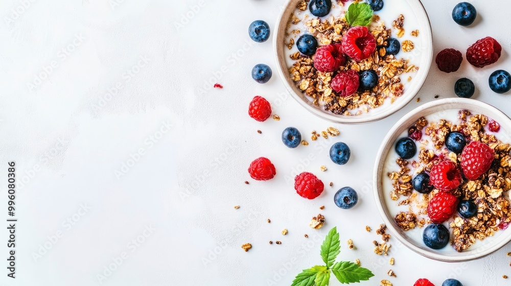 Homemade granola with milk, fresh berries, milk for breakfast. Copy space. Healthy breakfast concept. Banner wth generative ai Homemade granola with milk, fresh berries, milk for breakfast. Copy space. Healthy breakfast concept. Banner wth generative ai