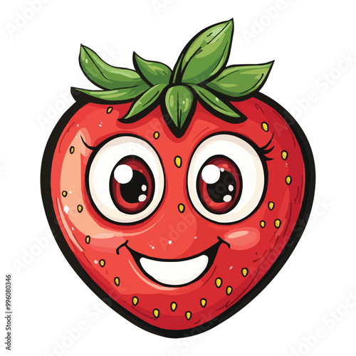 Vector Cartoon smiling strawberry with eyes and mouth with cute and happy face