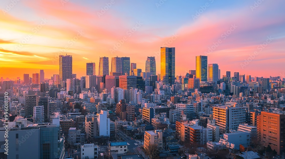 Obraz premium A beautiful panoramic view of the Tokyo skyline at sunset.