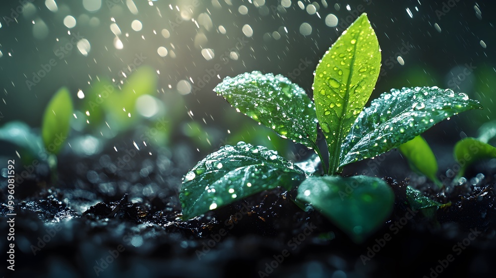 Raindrops on lush green leaves, capturing water droplets and sunlight filtered through rain, in a moody, vibrant nature scene with high detail and cinematic lighting. Raindrops on lush green leaves, capturing water droplets and sunlight filtered through rain, in a moody, vibrant nature scene with high detail and cinematic lighting.