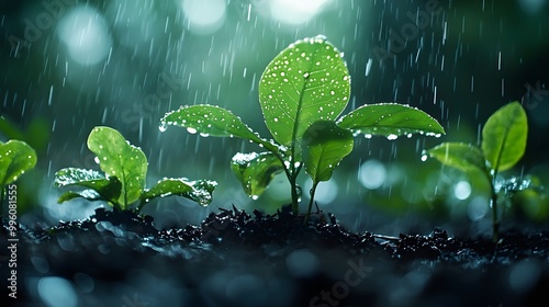 Raindrops on lush green leaves, capturing water droplets and sunlight filtered through rain, in a moody, vibrant nature scene with high detail and cinematic lighting.