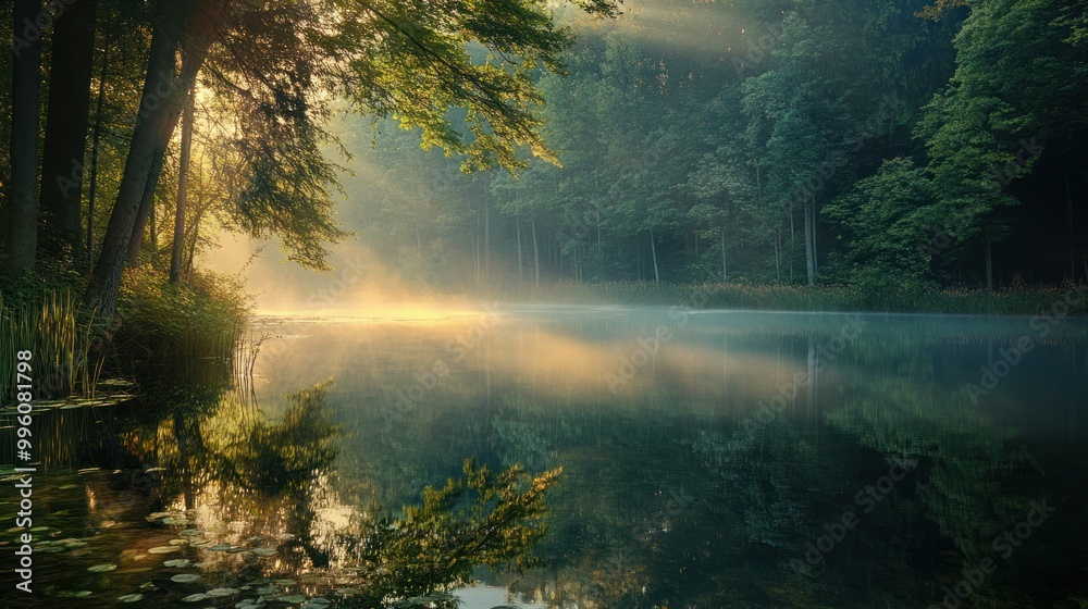 Misty Morning Sunlight Reflecting on a Still Forest Lake Misty Morning Sunlight Reflecting on a Still Forest Lake