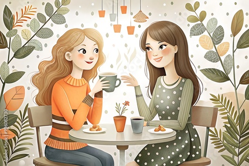 Cheerful Women Enjoying Coffee Chat in Whimsical Cafe with Floating Leaves