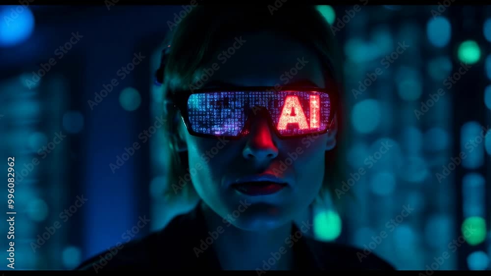 AI Cybersecurity Analysis: Female IT Expert Monitors Data in Futuristic Glasses - Ideal for Tech Innovation Ads AI Cybersecurity Analysis: Female IT Expert Monitors Data in Futuristic Glasses - Ideal for Tech Innovation Ads