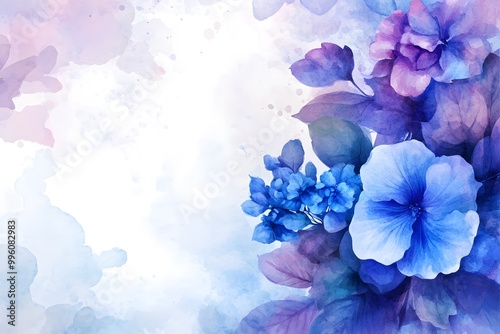 Abstract watercolor painting with blue and purple flowers on a background. 