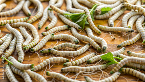 Silkworm webbing inside hand with larvae on table , silkworm, webbing, hand, larvae, table, silk, larvae, cocoon, silk production photo