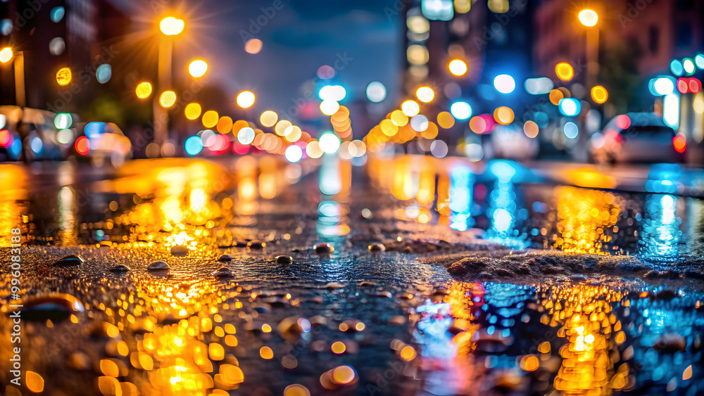 Obraz premium Close up of raindrops on city road with bokeh of city lights , Rain, city, road, surface, close up, raindrops, bokeh, lights