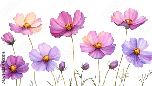 Beautiful pink cosmos flowers with a watercolor painting effect on a white background,