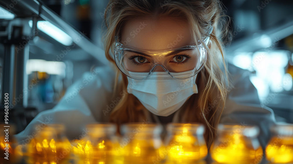 Female laboratory worker in a mask, gown and protective glasses mixes an unknown substance in a flask. Modern technological laboratory Female laboratory worker in a mask, gown and protective glasses mixes an unknown substance in a flask. Modern technological laboratory