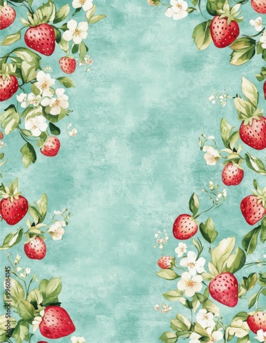 Strawberries and blossoms border on a soft teal textured background
