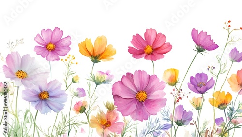 Beautiful pink cosmos flowers with a watercolor painting effect on a white background,