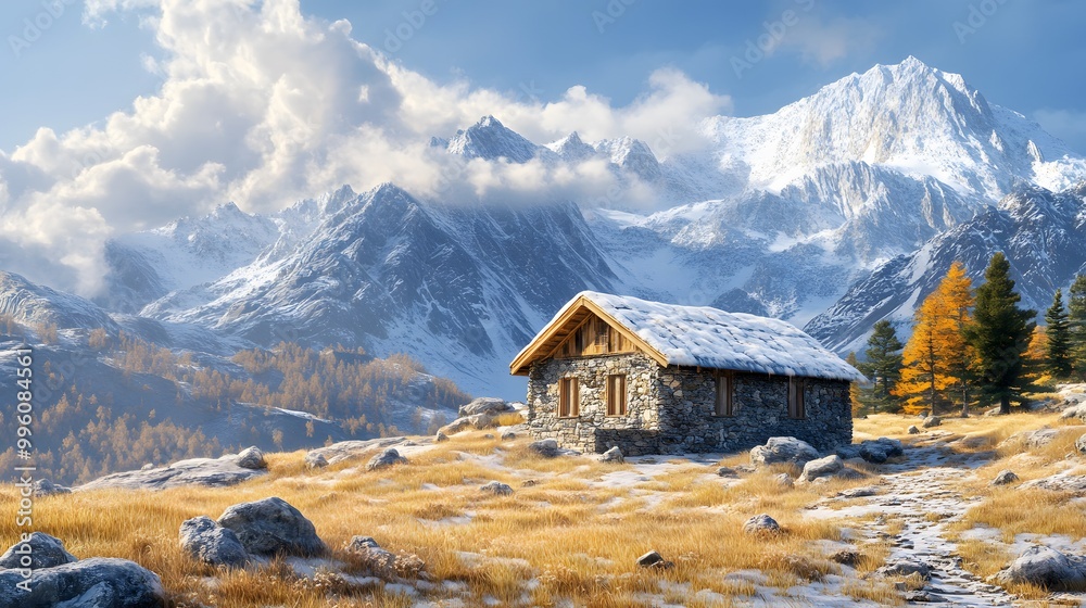 Snowy mountain landscape with a rustic stone cabin, majestic peaks, and dramatic clouds, creating a serene high-altitude setting with photorealistic rendering. Snowy mountain landscape with a rustic stone cabin, majestic peaks, and dramatic clouds, creating a serene high-altitude setting with photorealistic rendering.