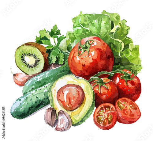 Watercolor fresh vegetables isolated on a white background, watercolor avocado and tomatoes and Zucchini and  Broccoli Lettuce and sliced tomato and bell pepper and onion, and parsley and kiwi, PNG