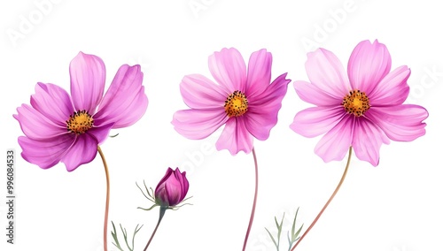 Beautiful pink cosmos flowers with a watercolor painting effect on a white background,