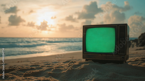 3d panorama classical old green screen tv monitor on the beach, sea vacation summertime vintage retrospect sunny day artistic television tube composition cinematic graphic design element background