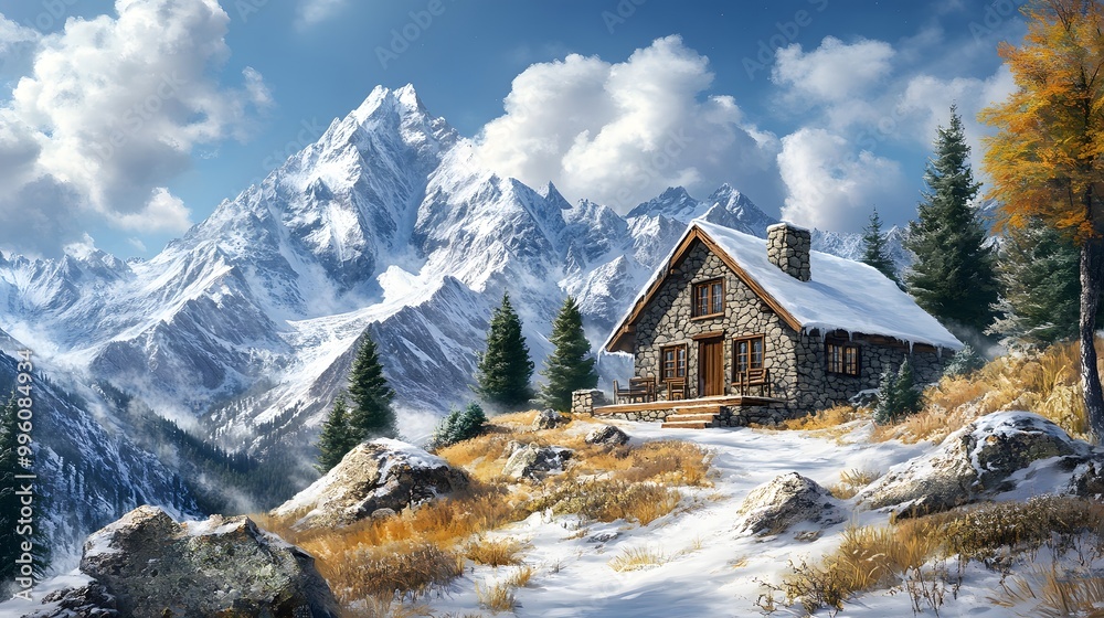 Fototapeta premium Snowy mountain landscape with a rustic stone cabin, majestic peaks, and dramatic clouds, creating a serene high-altitude setting with photorealistic rendering.