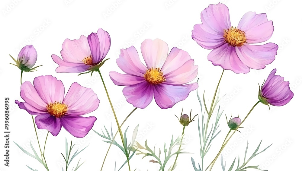 Beautiful pink cosmos flowers with a watercolor painting effect on a white background, Beautiful pink cosmos flowers with a watercolor painting effect on a white background,