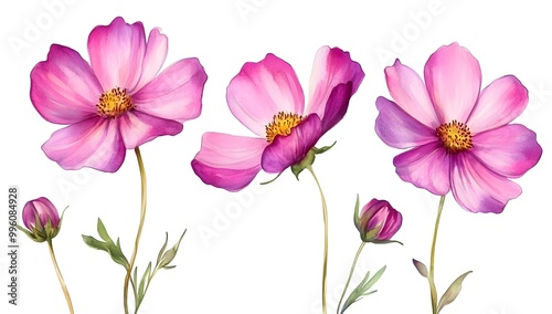 Beautiful pink cosmos flowers with a watercolor painting effect on a white background,