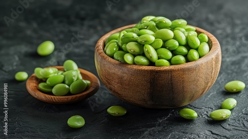 Fresh green edamame beans in a wooden bowl with some scattered on a black background.