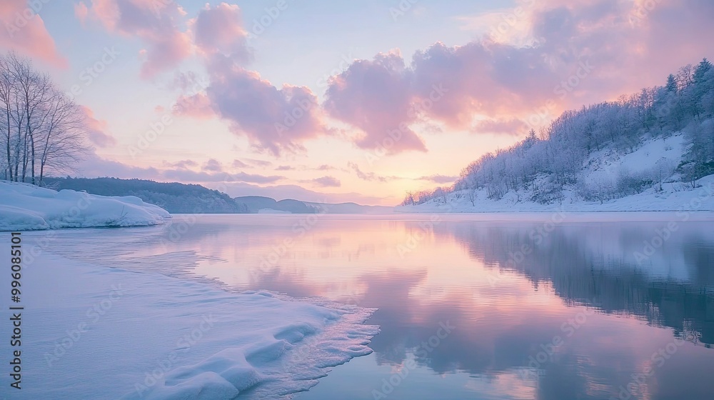 A serene snowy landscape at dawn, with soft pastel skies reflecting on a frozen lake. A serene snowy landscape at dawn, with soft pastel skies reflecting on a frozen lake.