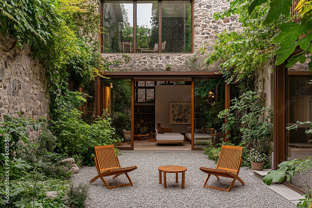 Obraz premium A courtyard in the center of an old stone house with two wooden chairs and a small table, surrounded by lush greenery and ivy-covered walls. The space is decorated with natural materials like wood.