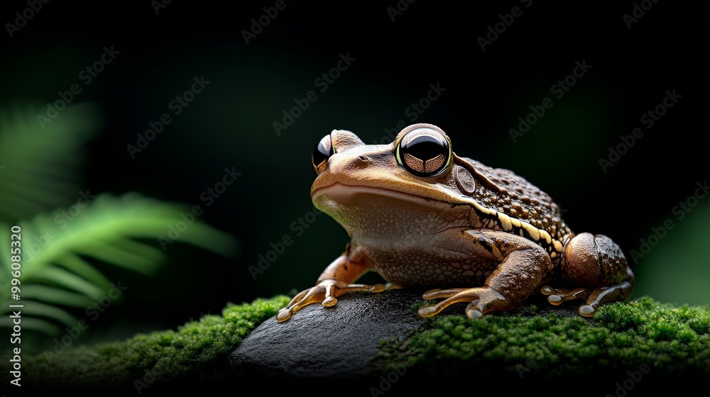 Serene Rainforest Frog: A captivating close-up of a brown frog perched on moss-covered rock, set against a dark, lush rainforest backdrop. Serene Rainforest Frog: A captivating close-up of a brown frog perched on moss-covered rock, set against a dark, lush rainforest backdrop.
