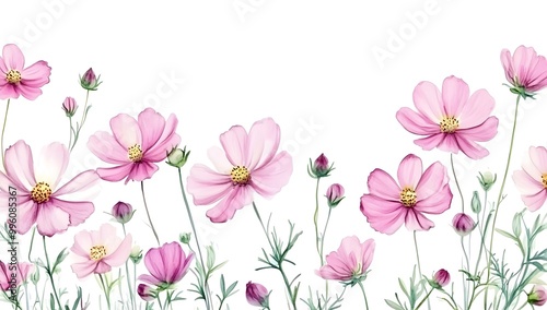 Wallpaper Mural Beautiful pink cosmos flowers with a watercolor painting effect on a white background, Torontodigital.ca