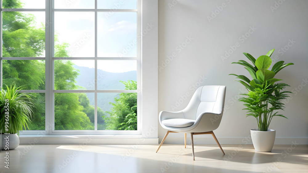 White chair in a modern room with green plant and glass window , interior design, minimalistic, clean White chair in a modern room with green plant and glass window , interior design, minimalistic, clean