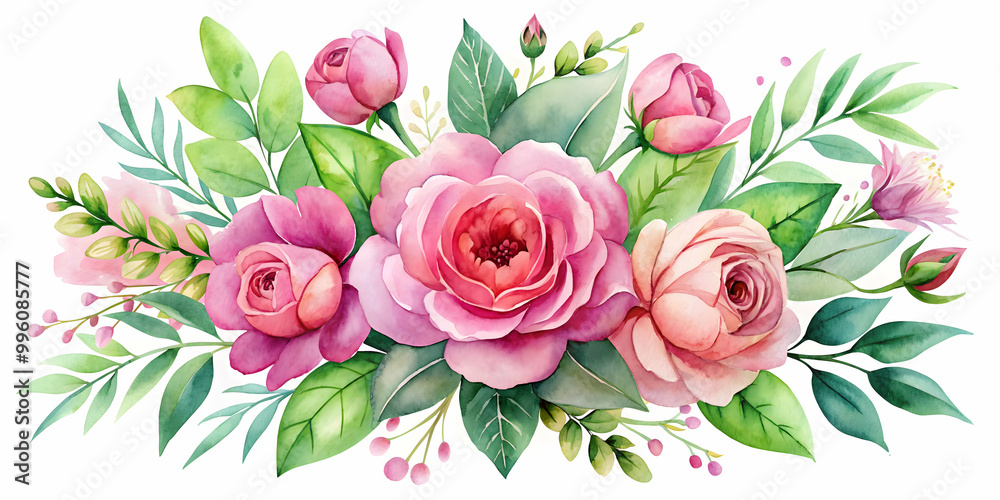 Pink watercolor flowers and green leaves bouquet, perfect for wedding and greeting card s , watercolor, pink, flowers, green Pink watercolor flowers and green leaves bouquet, perfect for wedding and greeting card s , watercolor, pink, flowers, green