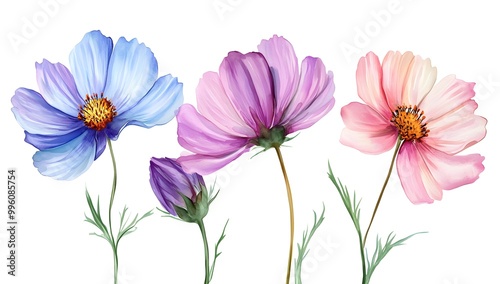 Beautiful pink cosmos flowers with a watercolor painting effect on a white background,