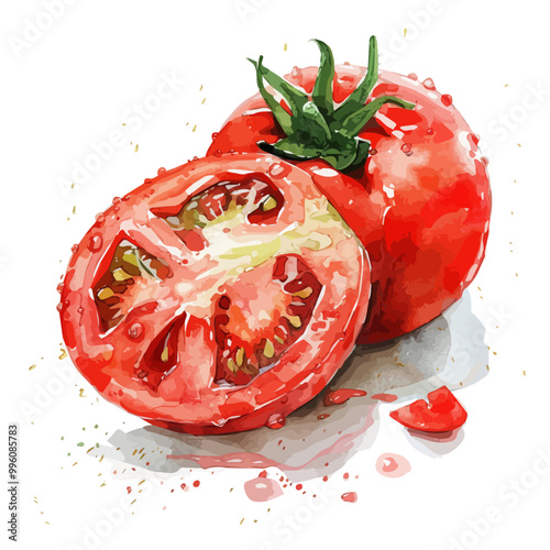 watercolor sliced tomato and water drops painting isolated on white, illustration of tomatoes on watercolor style painting, PNG format