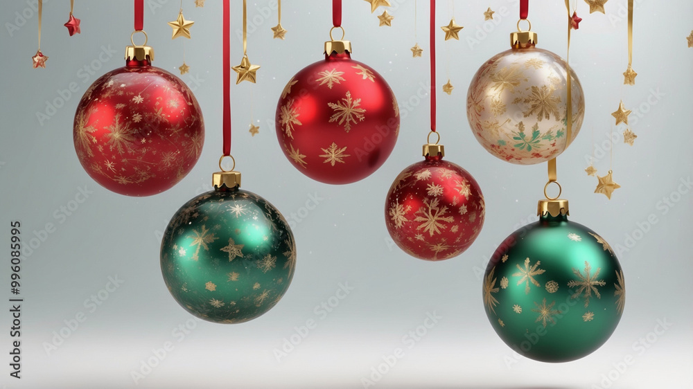 Floating Christmas Ornaments with Glittering Stars in intricate patterns, isolated on a transparent background