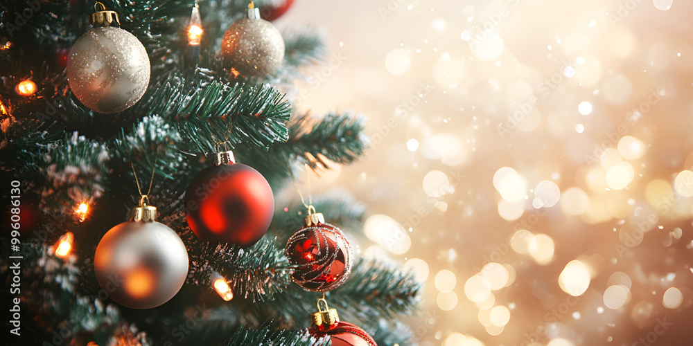 Festive Christmas Tree with Red and Silver Ornaments Festive Christmas Tree with Red and Silver Ornaments