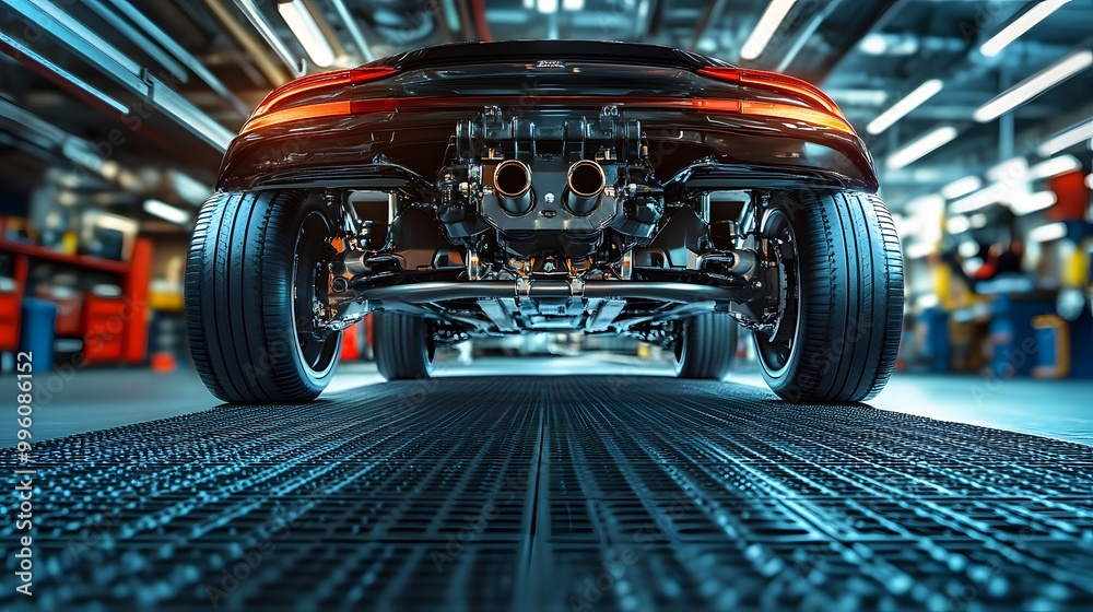 Fototapeta premium Undercarriage view of a car showcasing the detailed automotive chassis and suspension system, with metallic surfaces and dramatic lighting emphasizing industrial design.