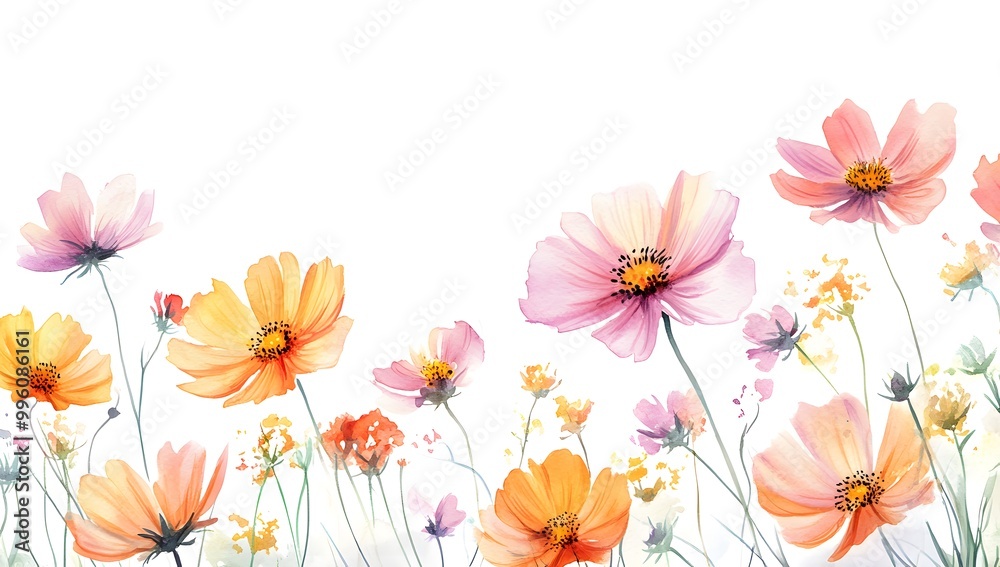 Beautiful pink cosmos flowers with a watercolor painting effect on a white background, Beautiful pink cosmos flowers with a watercolor painting effect on a white background,