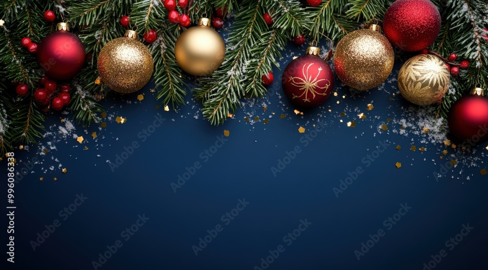 Close-up background of shiny Christmas tree ornaments: gold and red baubles, garlands, evergreen branches with sparkling snow on a dark blue background. Christmas decoration Close-up background of shiny Christmas tree ornaments: gold and red baubles, garlands, evergreen branches with sparkling snow on a dark blue background. Christmas decoration