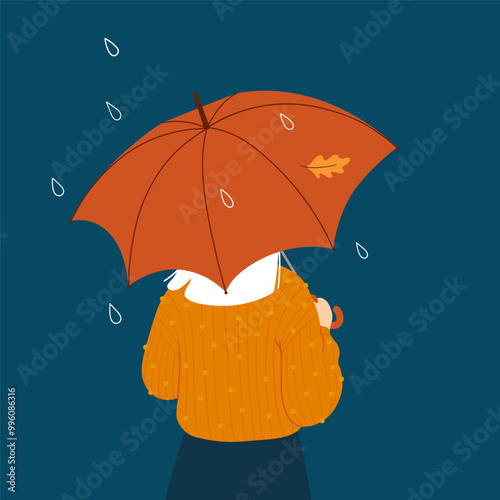 Woman walks with an umbrella under rain. Hand drawn autumn illustration for card, poster, flyer, web.