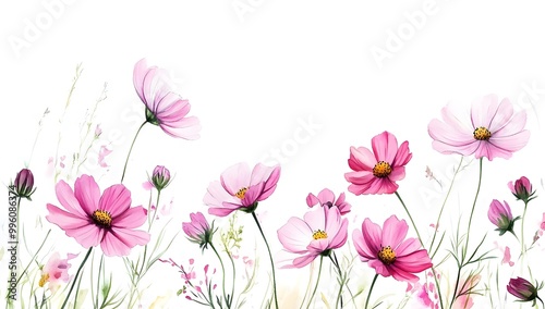 Beautiful pink cosmos flowers with a watercolor painting effect on a white background,