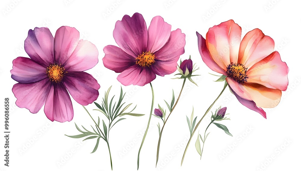 Beautiful pink cosmos flowers with a watercolor painting effect on a white background, Beautiful pink cosmos flowers with a watercolor painting effect on a white background,