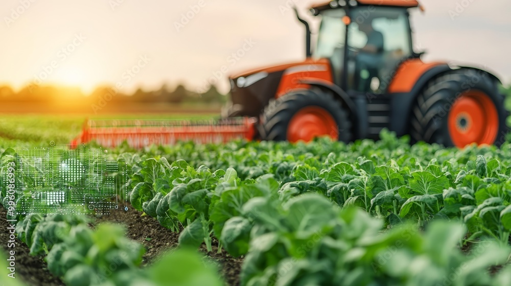 AI-powered tractor harvesting crops at sunrise, digital farming data visualization over green rows of produce AI-powered tractor harvesting crops at sunrise, digital farming data visualization over green rows of produce